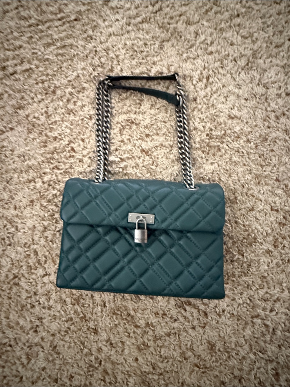 Kurt Geiger Quilted Teal Shoulder Bag with Silver Chain and Padlock